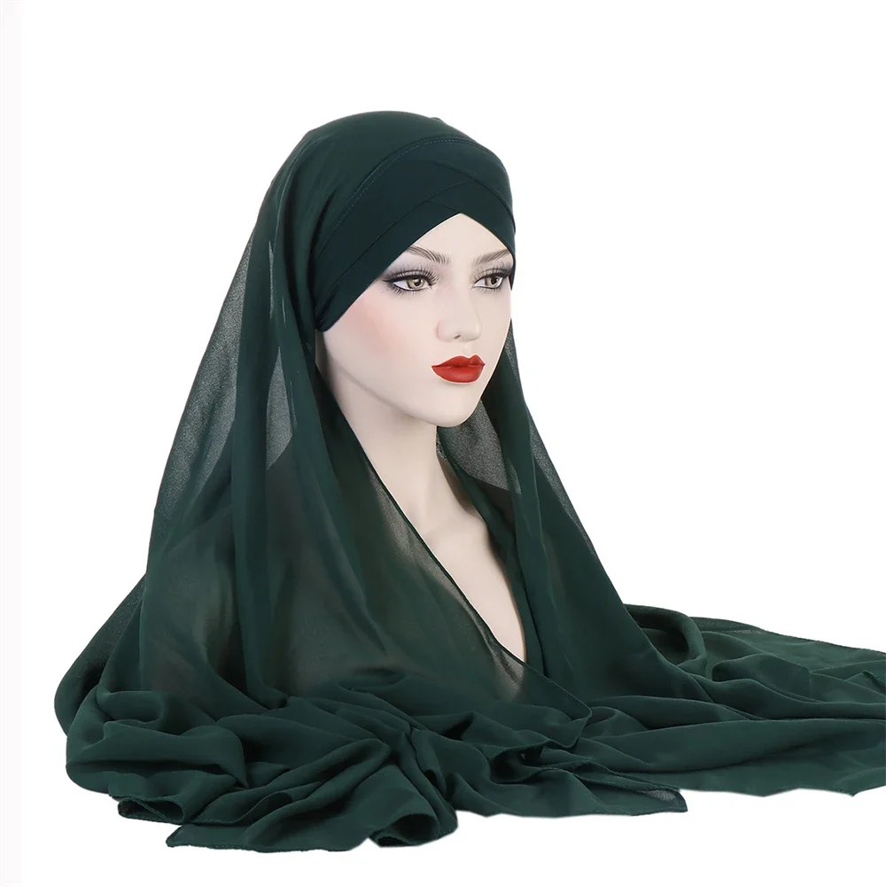 Stirn Kreuz Hut mit Chiffon Schal Instant Hijab Unter schal Motorhaube Kappe muslimische Frauen langen Schal Wickel Schleier Amira Kopftuch 1St
