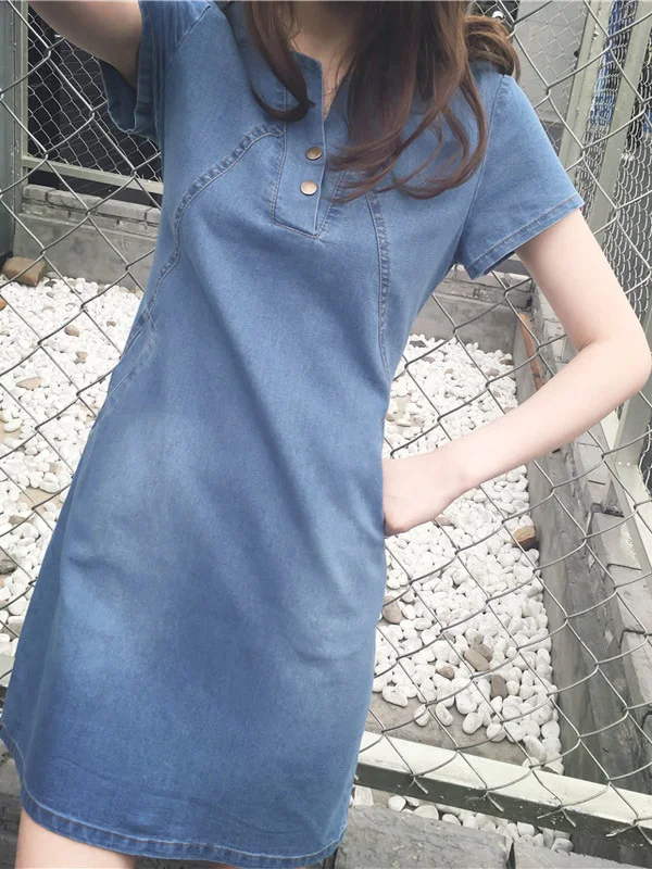Summer 2025 Women's Korean Style Loose Large Size A-Line  Skirt Short Sleeve Denim Dress Elegant Fashionable Commute Wear
