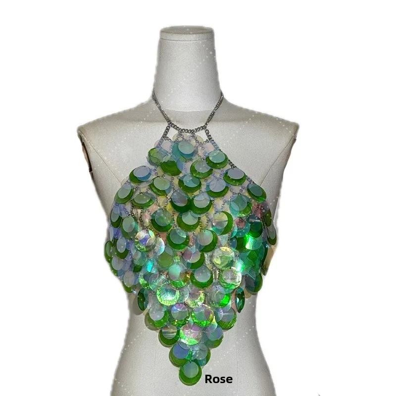 

Faionable Heavy-Du ell Sequin Hanging Ne Strap Vest Women's Sexy Bal Body Chain Performance Clothes ort Sle