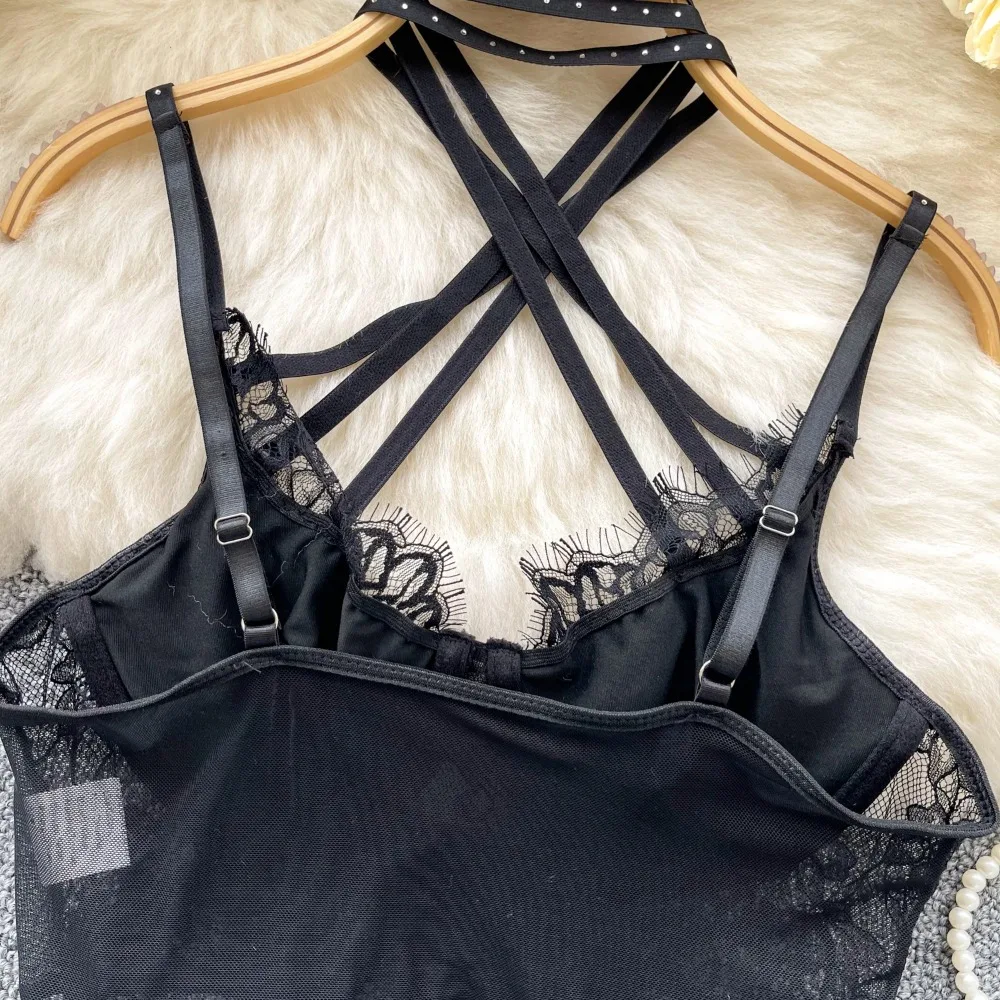 Women Hotsweet Lace Mesh Rhinestone Sexy Criss-Cross Halter Slim Straps Tank Camis Top Fashion Streetwear High Street Clothing