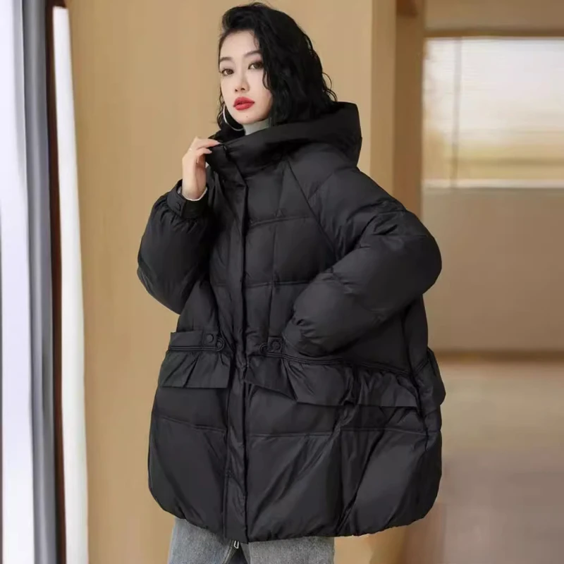 Women Autumn Winter Vintage Style Loose Casual Mid-Long Hooded Warm Puffer Coat Female 90% White Duck Down Jacket