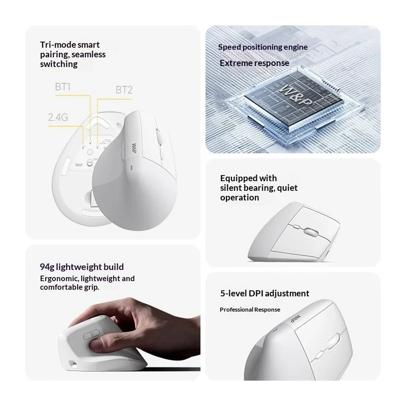 W&P Wireless Vertical Ergonomic Mouse Bluetooth 2.4g 3 Mode Silent 5 Dpi For Mac Laptop Office Lightweight 94g Gift Customizable