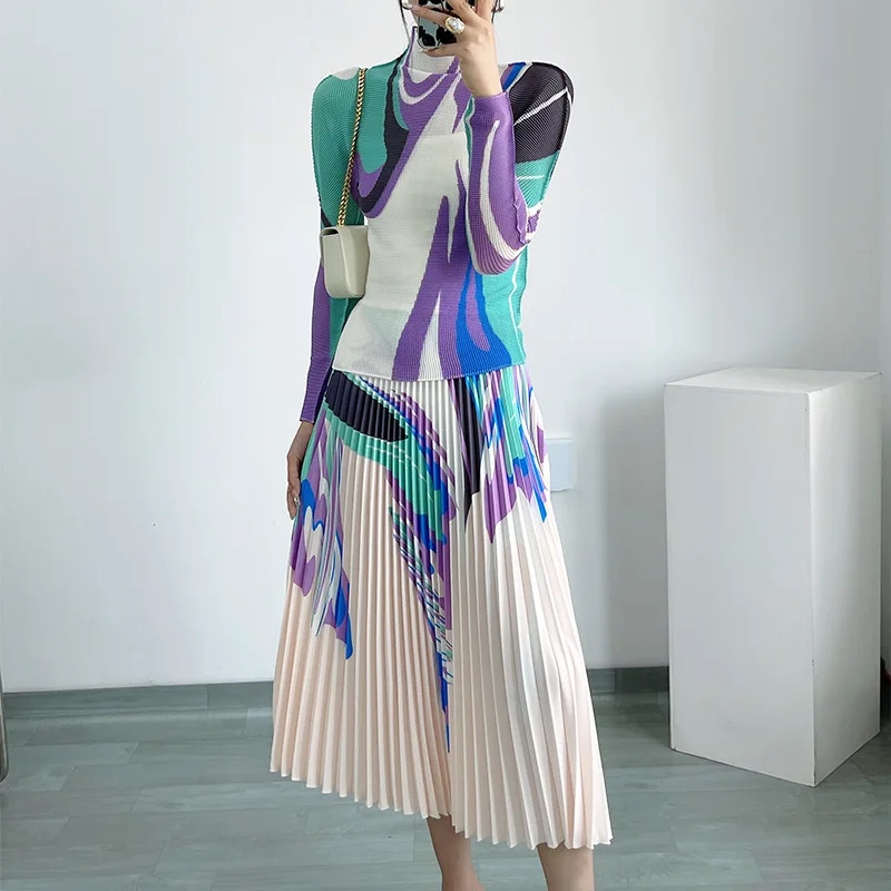 Ansman Spring 2023 New Miyake Women's Fashion Print Top Stand Collar Slim Long Sleeve T-shirt Undercoat+Pleated Half Skirt