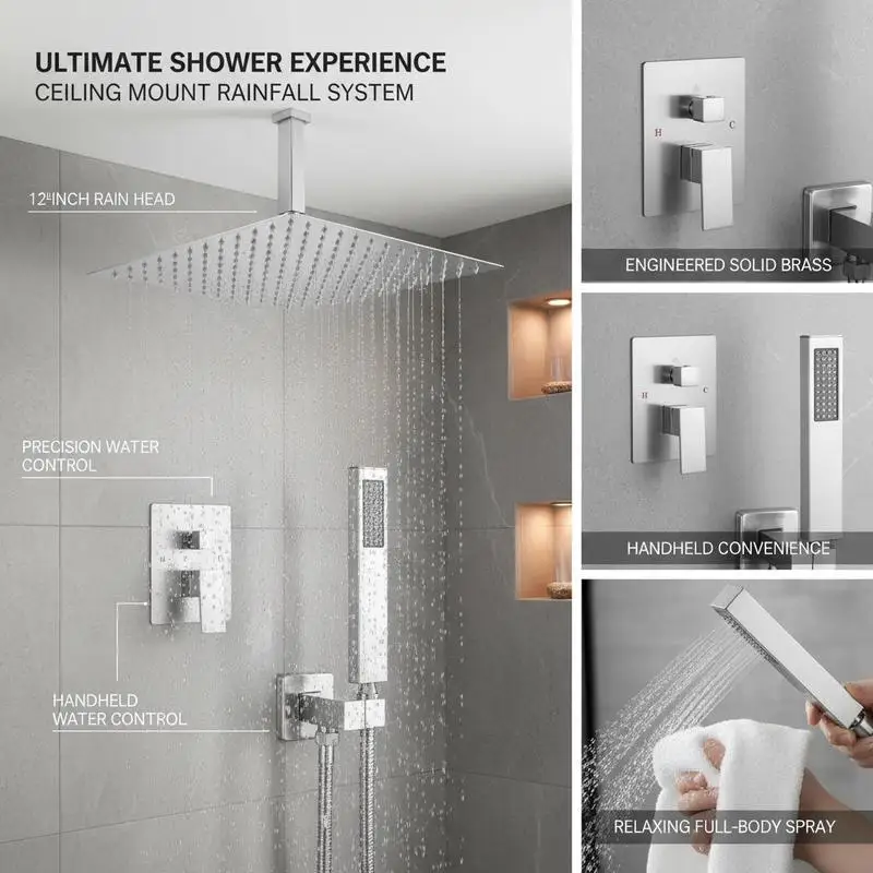 Rain Shower Fixtures 12-Inch For Residential Bathroom Hotel Suite Master Bath, Ceiling Mounted High Pressure Dual Function Brass Construction Brushed Nickel Finish view 3