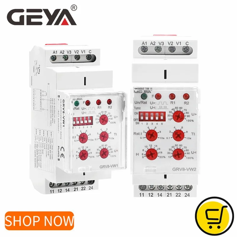 GEYA GRV8-VW Single Phase Over Voltage Under Voltage Monitoring Relay with Isolation Function AC/DC1V~100V 15V~600V 5A 2SPDT