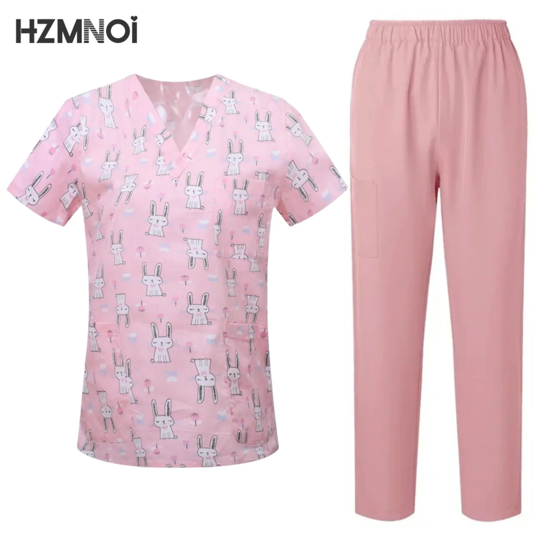 Surgical Uniforms Woman Printing Blouse Pockets Pants Medical Scrub Set Beauty Salon Workwear Clinical Scrubs Top+Pants Spa Suit