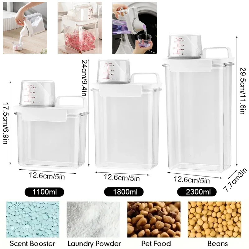 Laundry Detergent Dispenser with Measuring Cup Refillable Soap Detergent Storage Box Lid Softener Bleach Powder Sealed container