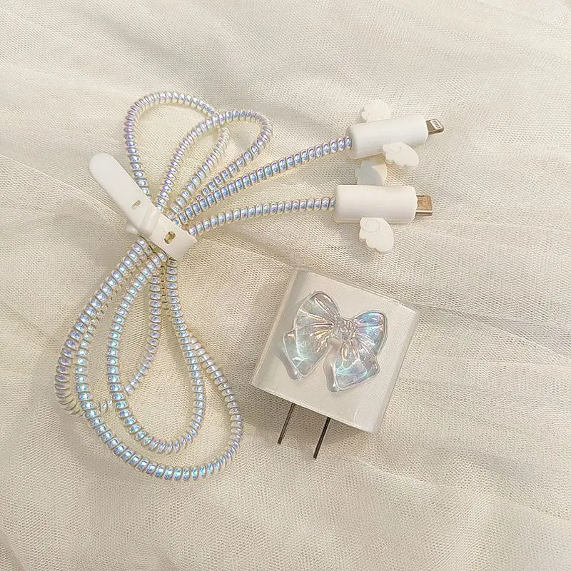 For Apple Iphone 18W/20W Adapter Charger Case Data Cable Protector Charging Head Shell Cute Colorful Bow Cable Line Sleeve Set