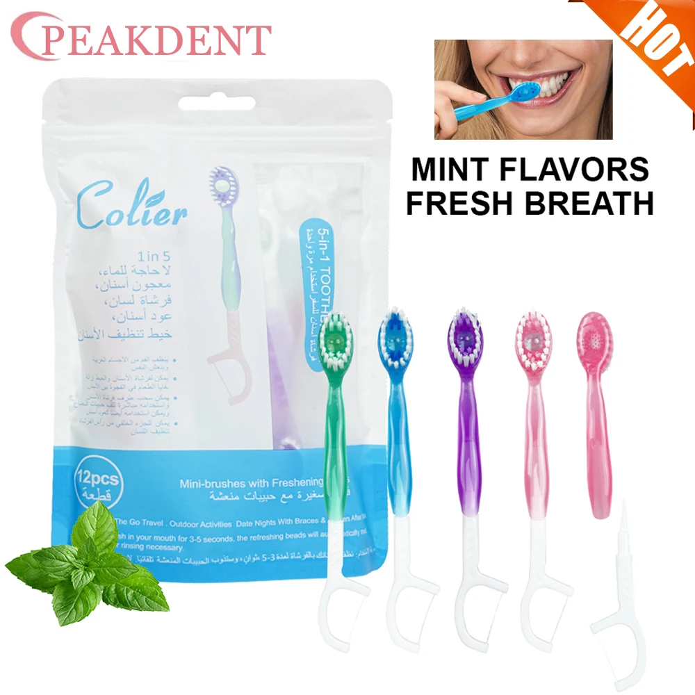 

12pcs Portable 5-in-1 toothbrush dental floss for Oral Cleaning Nano Brush Head Disposable Toothbrush for Adults Business Trips