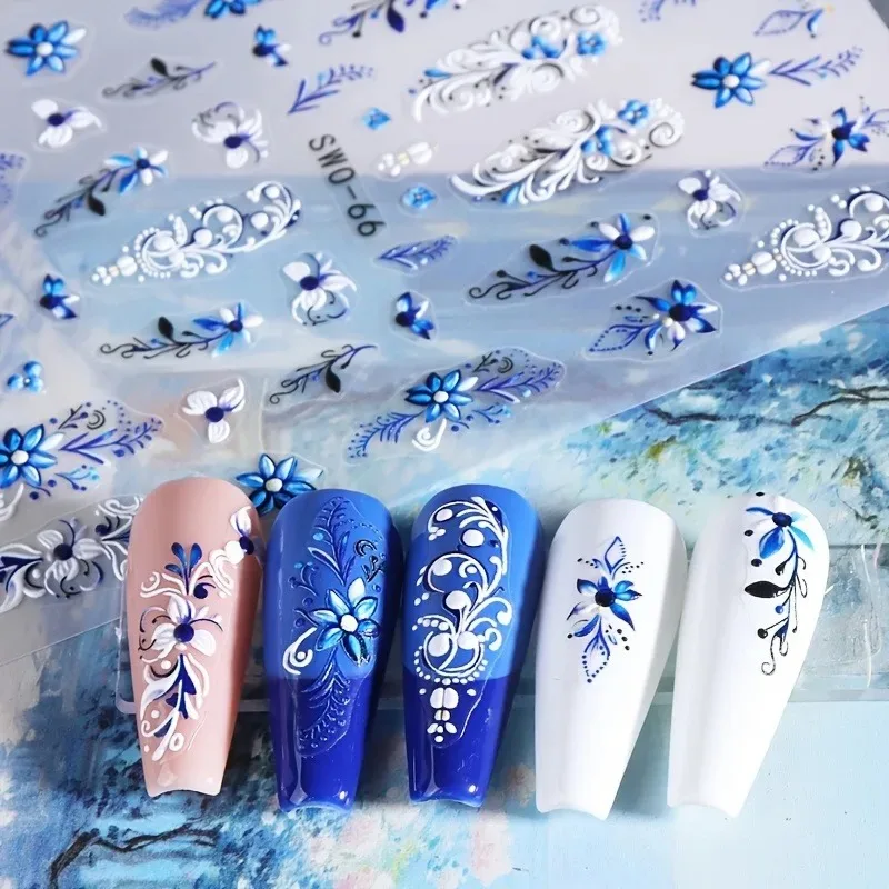 White Blue Totem Petals Nail Art Stickers Self Adhesive Bohemian Style DIY Manicure Decals Petal Pattern Sliders for DIY Nail Ar