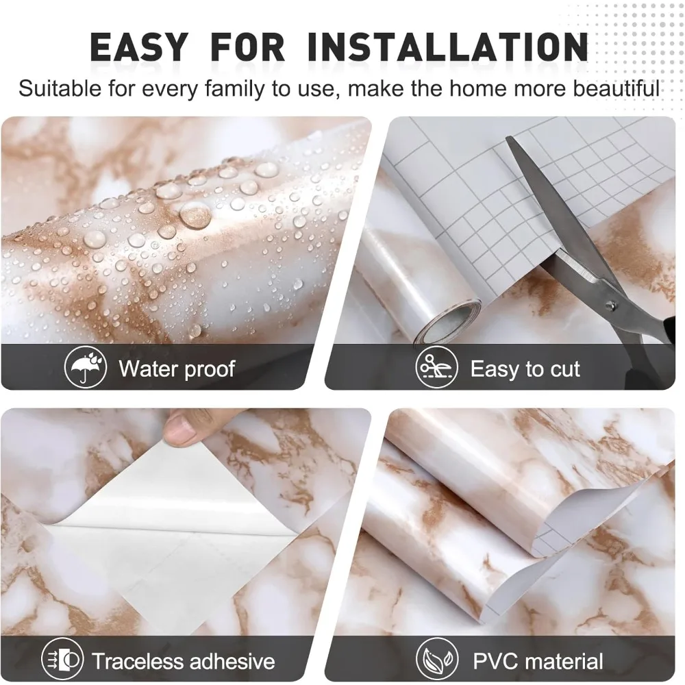 ورق اتصال رخامي لامع مقاوم للماء قابل للتقشير واللصق لأسطح الكونترتوب والأثاث - سهل الإزالة، ذاتي اللصق، أبيض وY