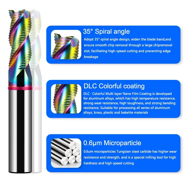 AZZKOR TGP-HRC65 DCL – Mehrfarbiger Hartmetall-Schlichtfräser mit 3 Schneiden für Aluminium, Wolframstahl, CNC-Schlichtfräswerkzeuge – Detail 2