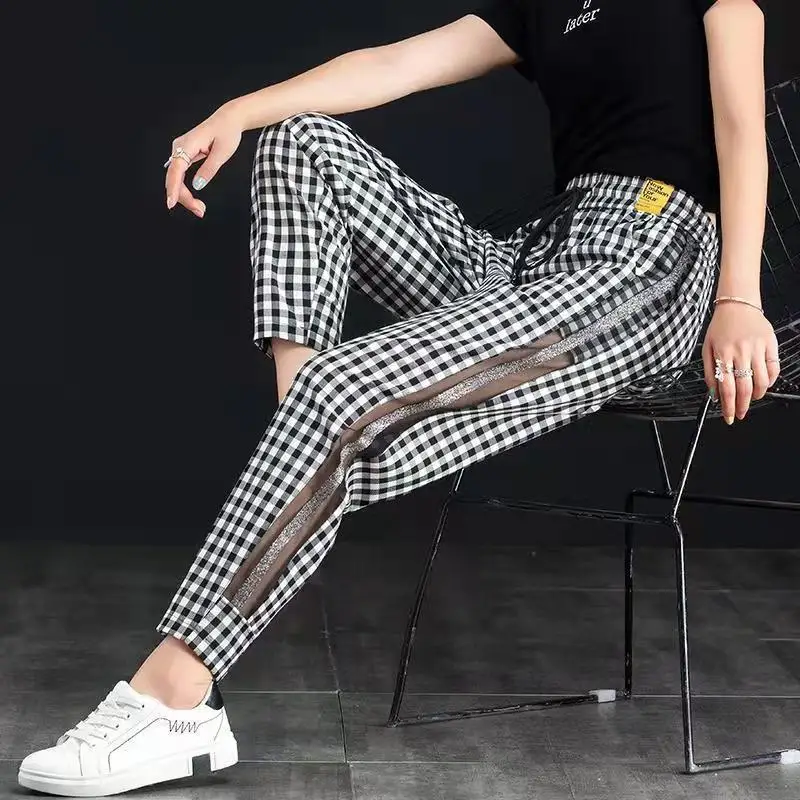 Black White Checkered Mesh Pants for Women in Spring and Summerlarge Size Loose Casual Pants Silver Edge Nine Point Harem Pants