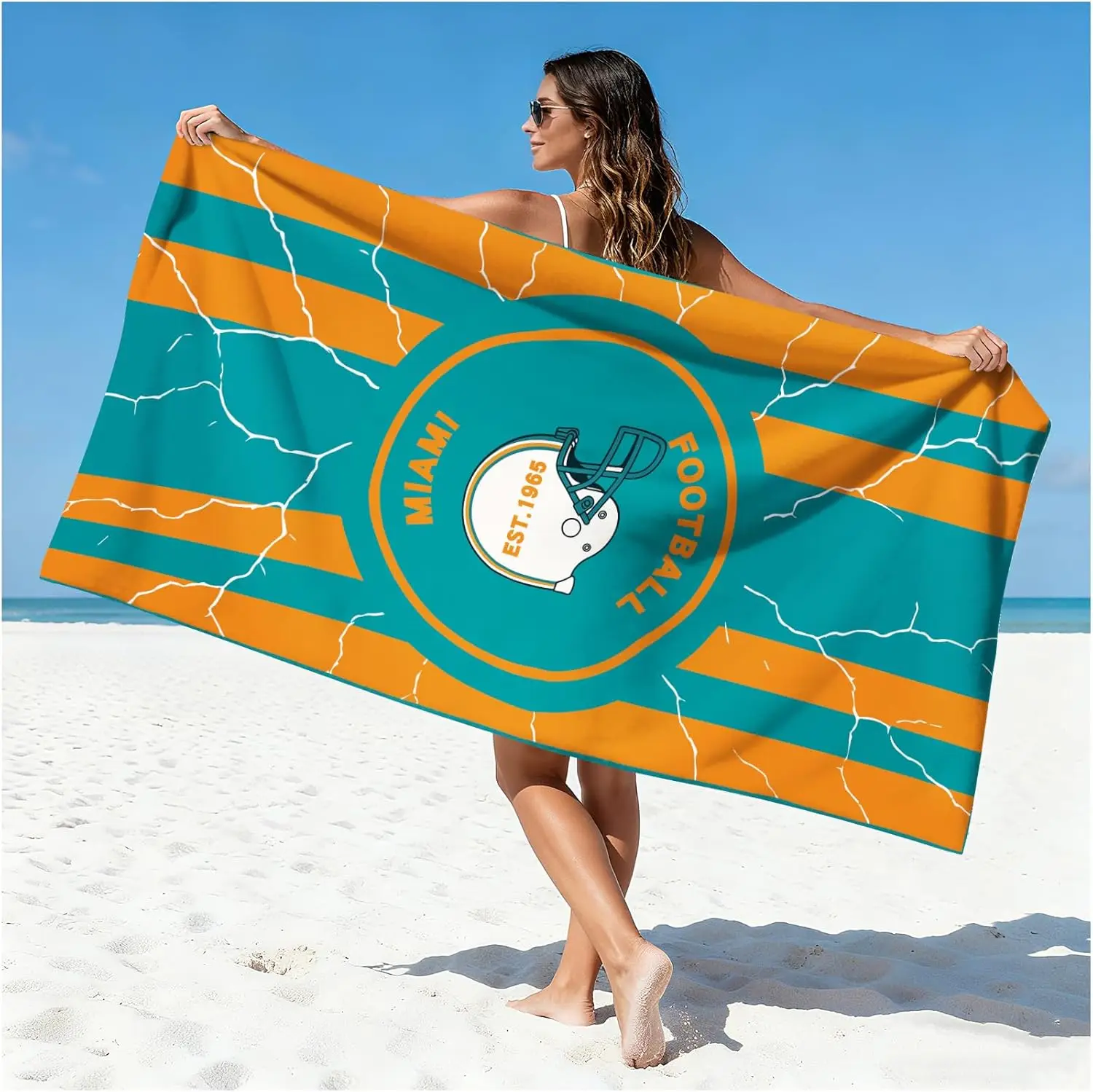 Miami Football Fan Beach Towel, Aqua and Orange Team Color Design Quick-Dry Sand-Free Bath Towel, Unique Gift for Men