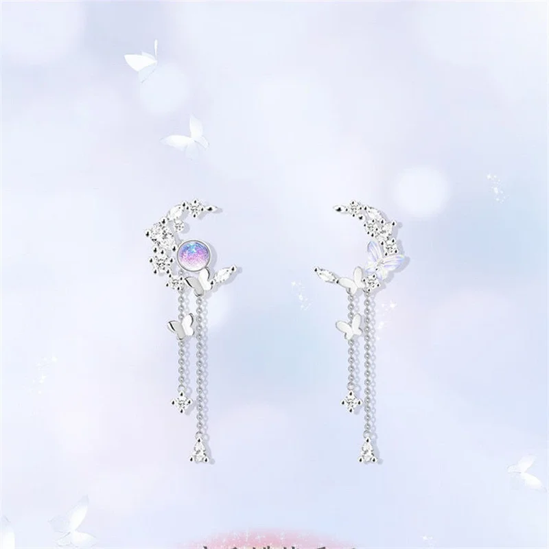 Zarte, niedliche Zirkon-Mond-Quasten-Schmetterlings-Ohrstecker für Damen, koreanische neue Mode, asymmetrische Ohrringe, Partyschmuck – Detail 1