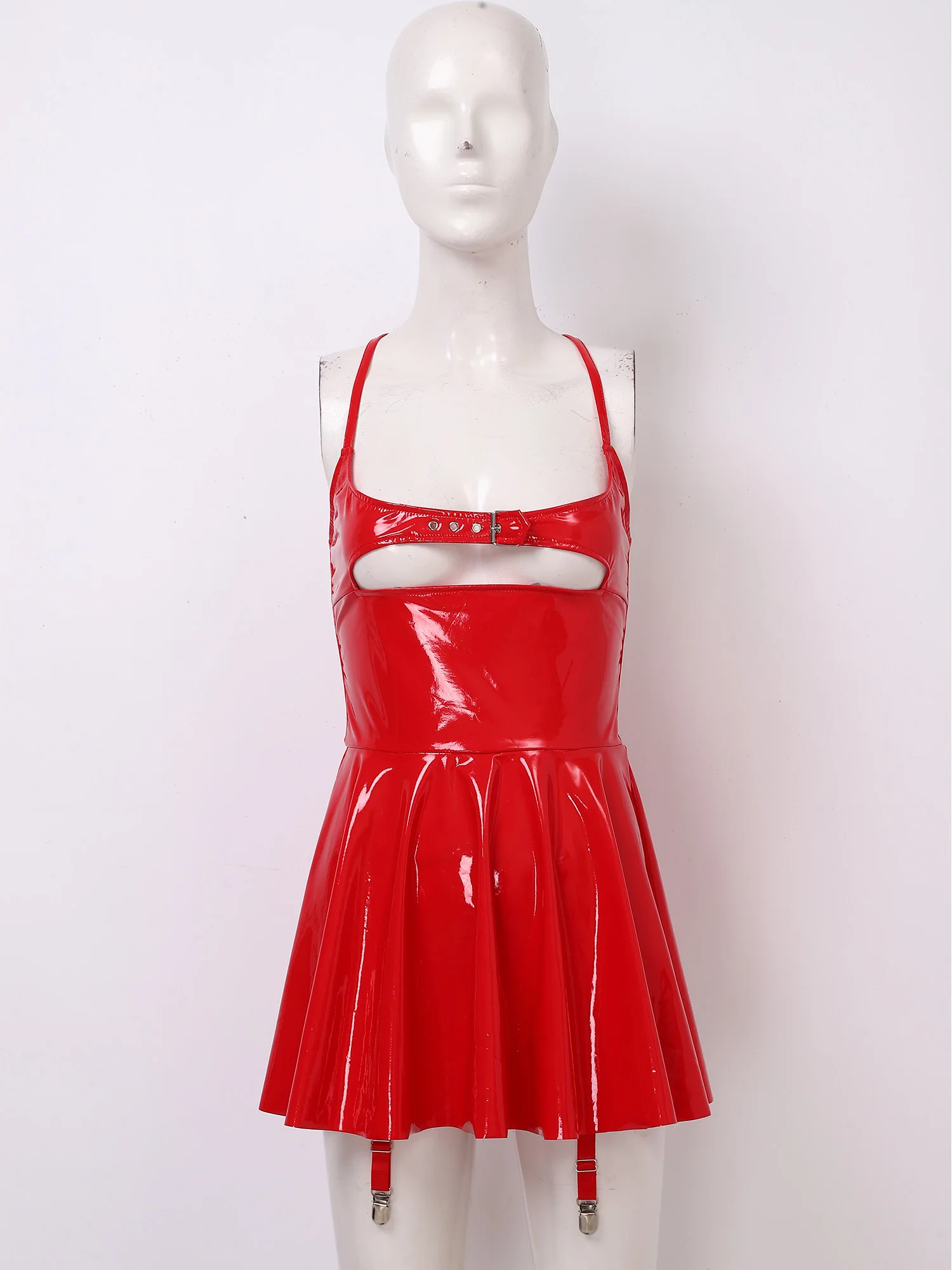 

Women Patent Leather Slip Latex Dress A-line Cutout Chest Skater Mini Dress with Garter Clip Wet Look Gothic Punk Party Clubwear
