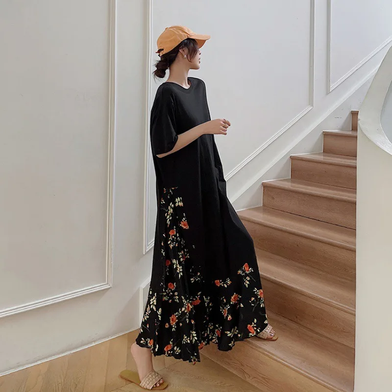 Vestido informal holgado de verano para mujer, vestido largo ajustado con costuras florales, vestido falso de dos piezas de manga corta, novedad de 2025