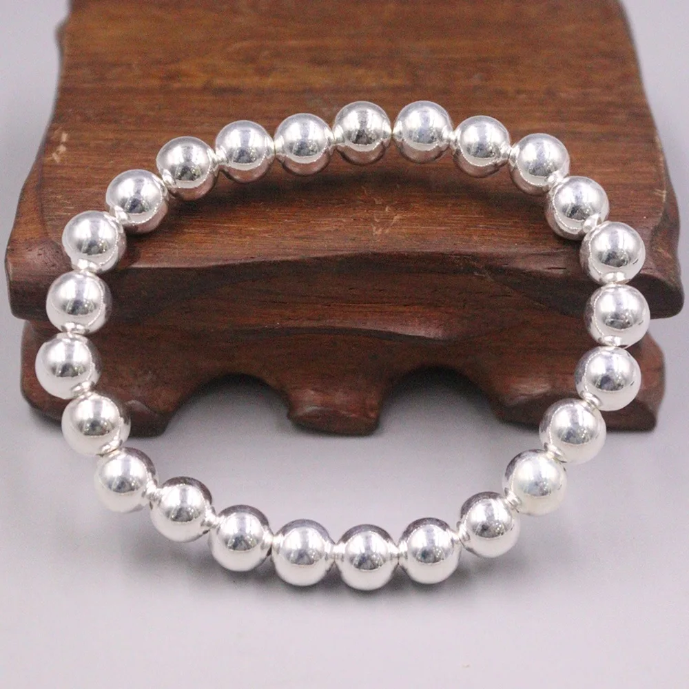 Real Pure 999 Fine Silver Bangle Women 8mm Glossy Round Beads Bracelet 18-19g