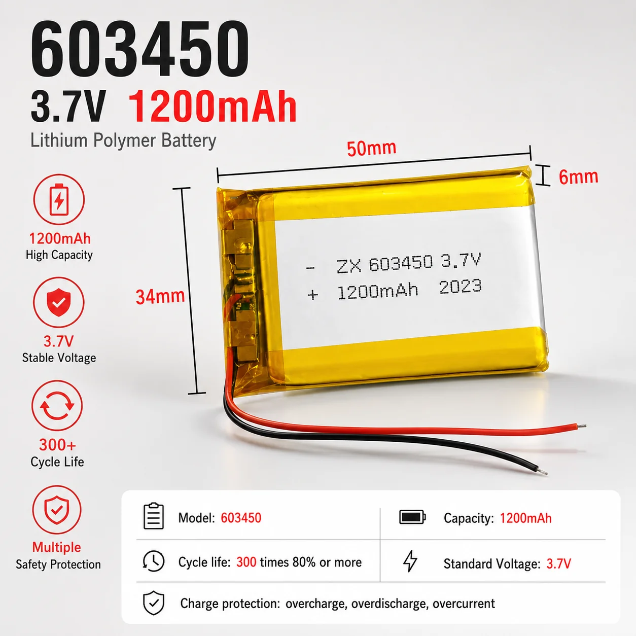 

3.7V 1200mAh 603450 Rechargeable Li‑Polymer Battery for Beauty Device Bluetooth Earphone Fingerprint Lock Replacement