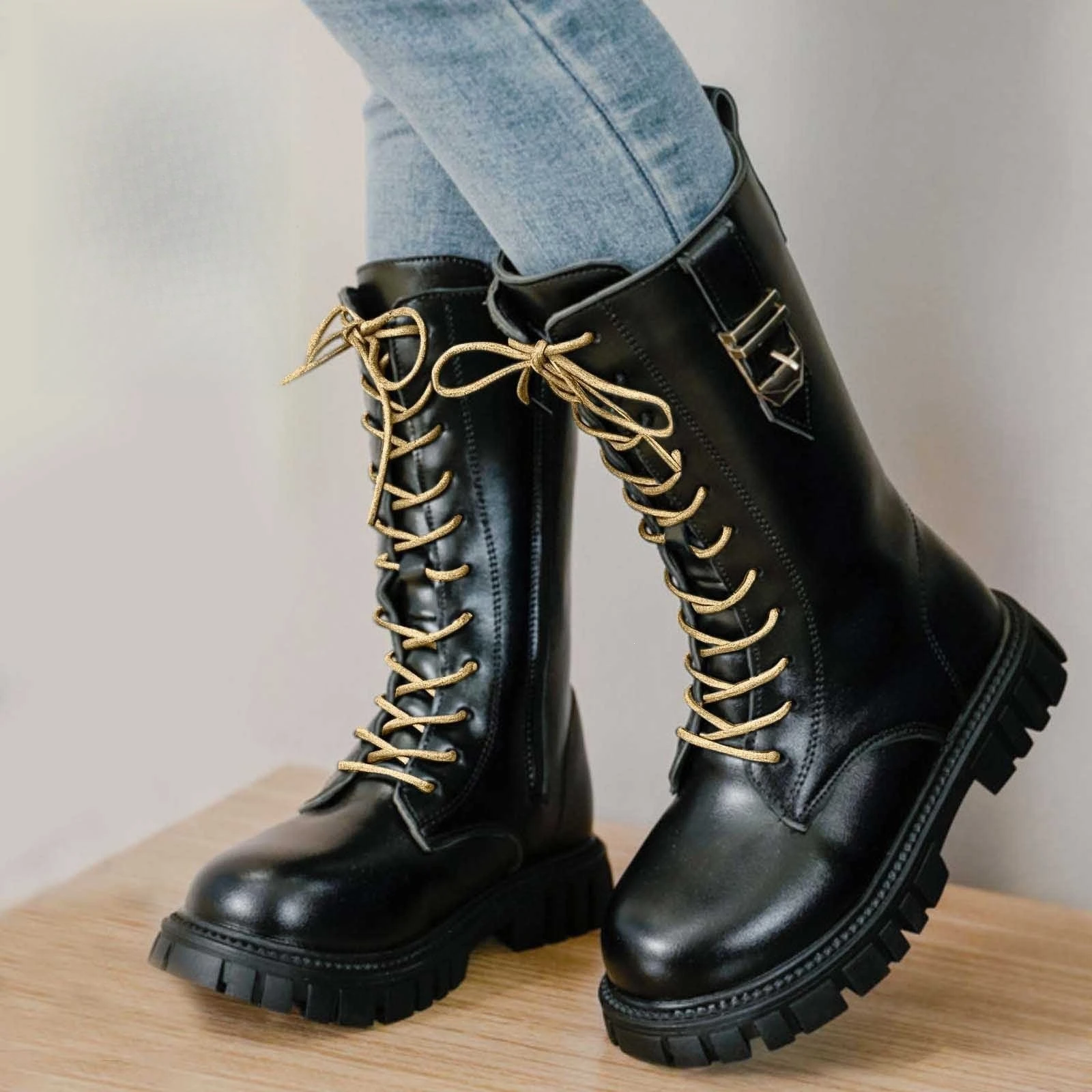 Mädchen Halbstiefel mit Seitenschnalle 2026 Neue Herbst-Kinderstiefel Robuste Schulstiefel Rutschfest Einfach Klassisch für Party und Alltag – Detail 3