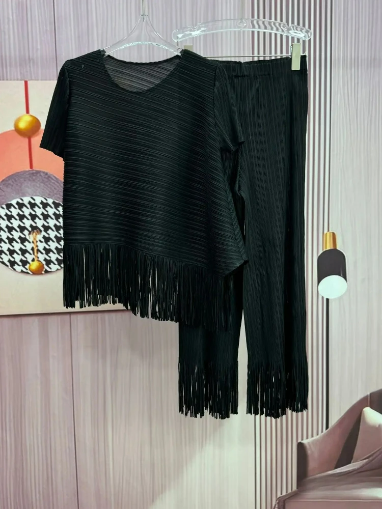 Miyake Folds 2025 New Tassel Design Loose Irregular Top Skinny Wide Leg Pants Two-piece Set Women's