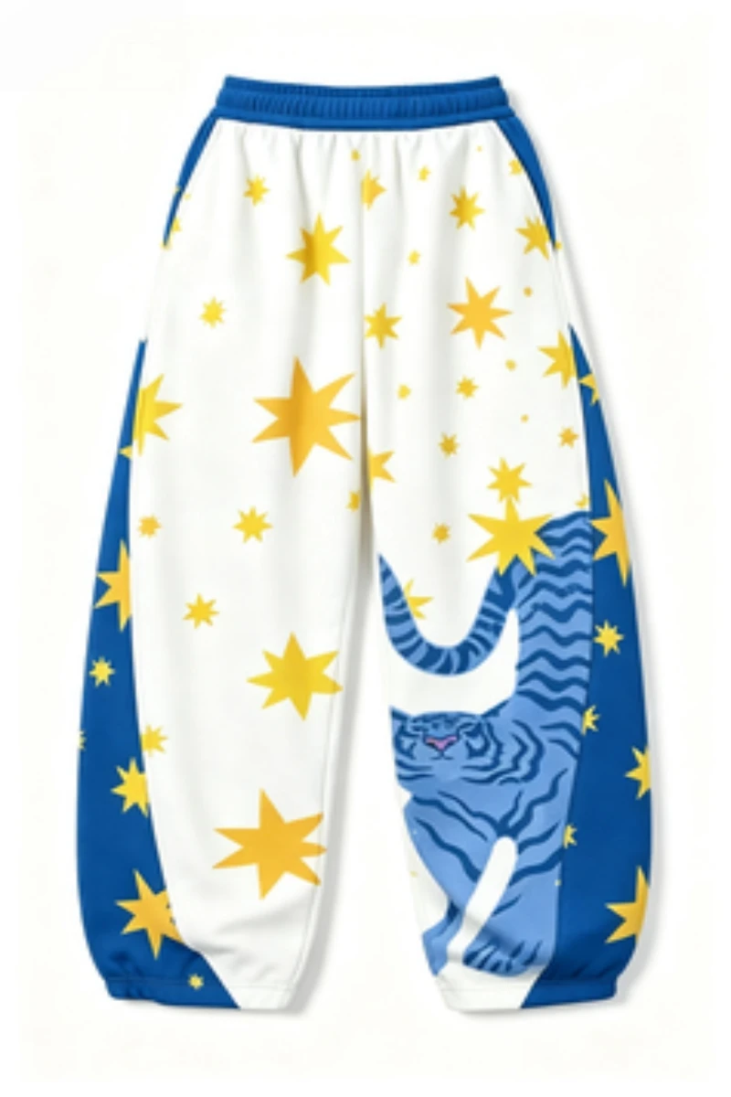 3D Printed Blue Tiger Yellow Star Jogging Pants with Drawstring, Elastic, Loose, Breathable, Casual Street Sports Sweatpants