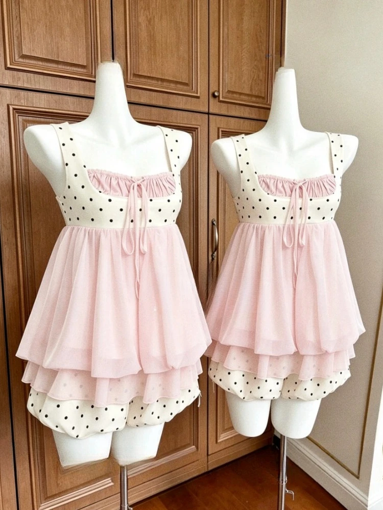 

Japanese Subculture Vintage Lovely 2 Piece Set Women Aesthetic Polka Dot Y2k Tops + Skirt Harajuku Kawaii Fashion Causal Outfits