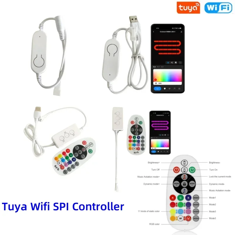 Tuya WiFi SPI LED Controller 5V USB with RF Remote Smart Music Controller DC12V-24V for 3Pin WS2811 WS2812 SK6812 Strip Light