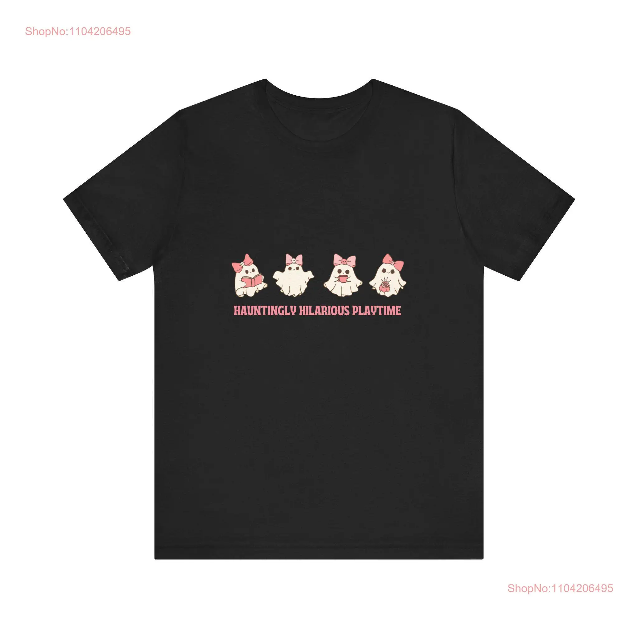 Dancing Ghost with bowtie on Head Trick and Treat Pink T Shirt Candy Spooky Night Theme  long or short sleeves