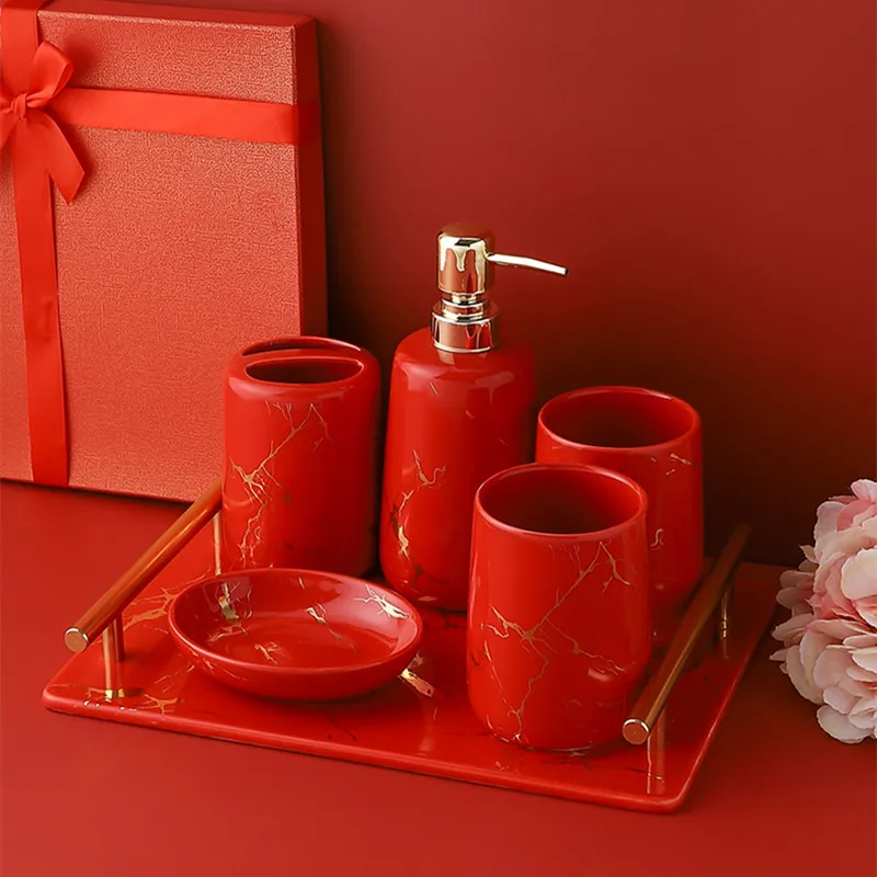 

Red Wedding Supplies Kit Marble Texture Ceramics Bathroom Accessories Set Storage Tray Toilet Wash Set Soap Dispenser Toothbrush