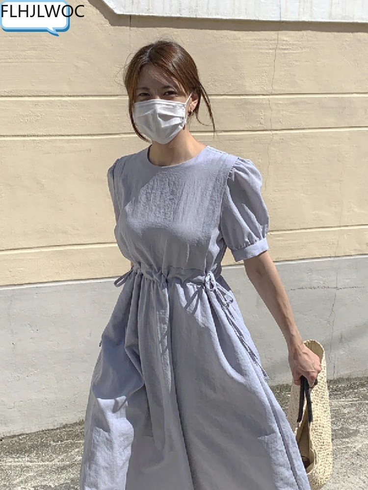 

Cotton Linen Long Dress Summer Slim Waist A Line Temperament Lady Retro Vintage Cute Korean Chic Women Dresses Vestidos F0210