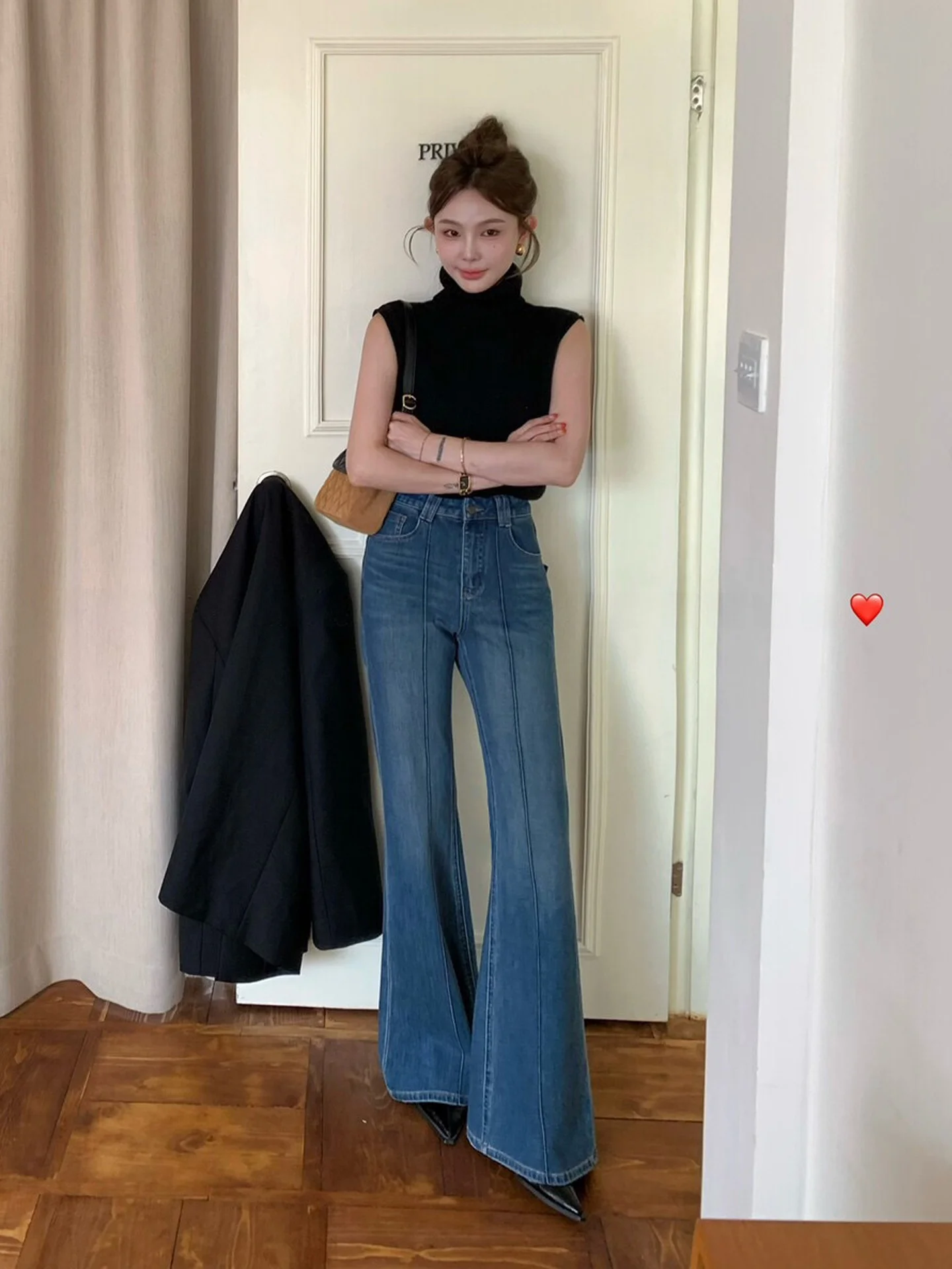 Bleu taille haute évasé jambe droite jean femmes Premium Denim pantalon Dongda Gate automne nouveau Sle décontracté taille haute jean