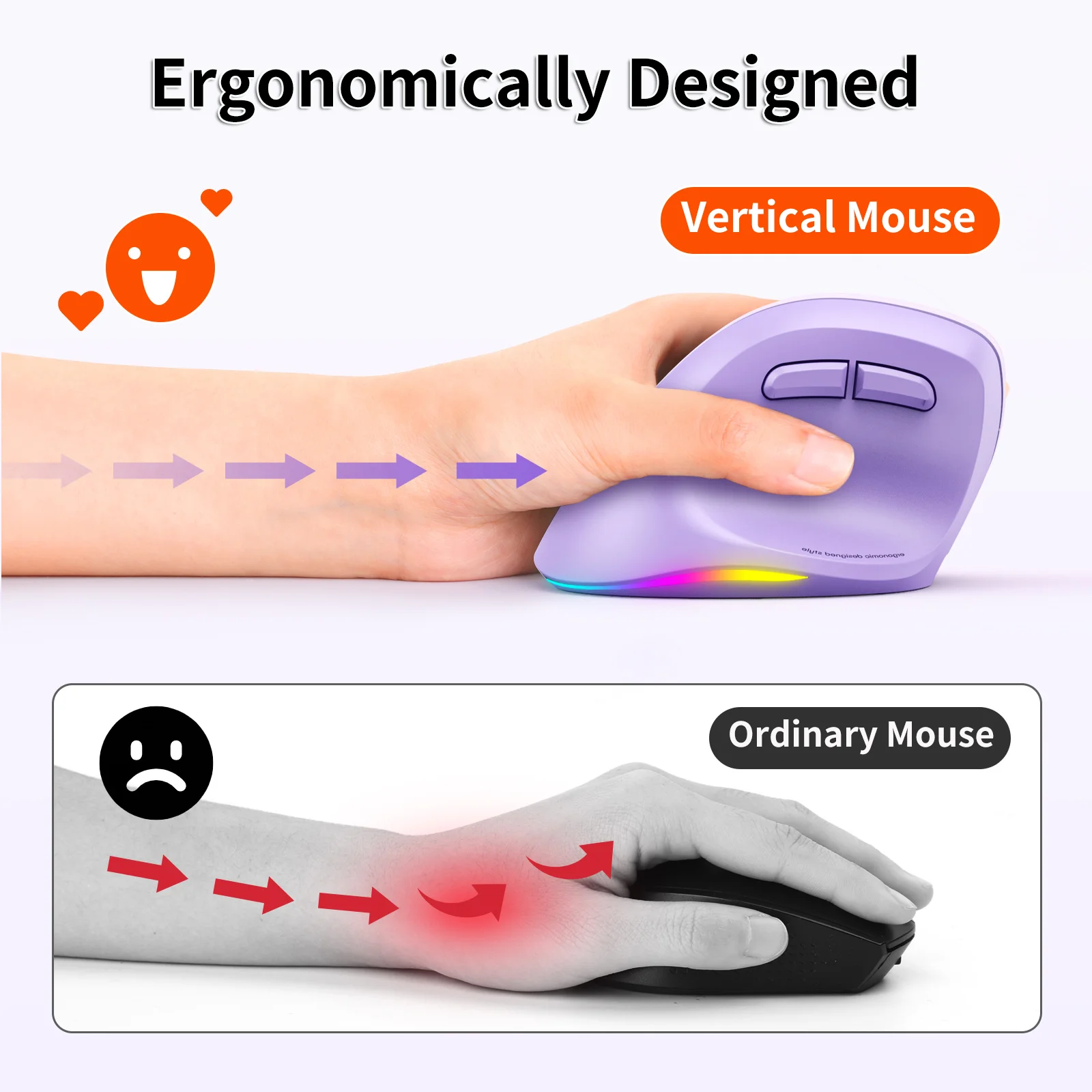 Left Hand Wireless 2.4G Bluetooth Dual-mode Mouse Vertical Ergonomics Design Rechargeable RGB Lighting 2400 DPI Office Use Mause
