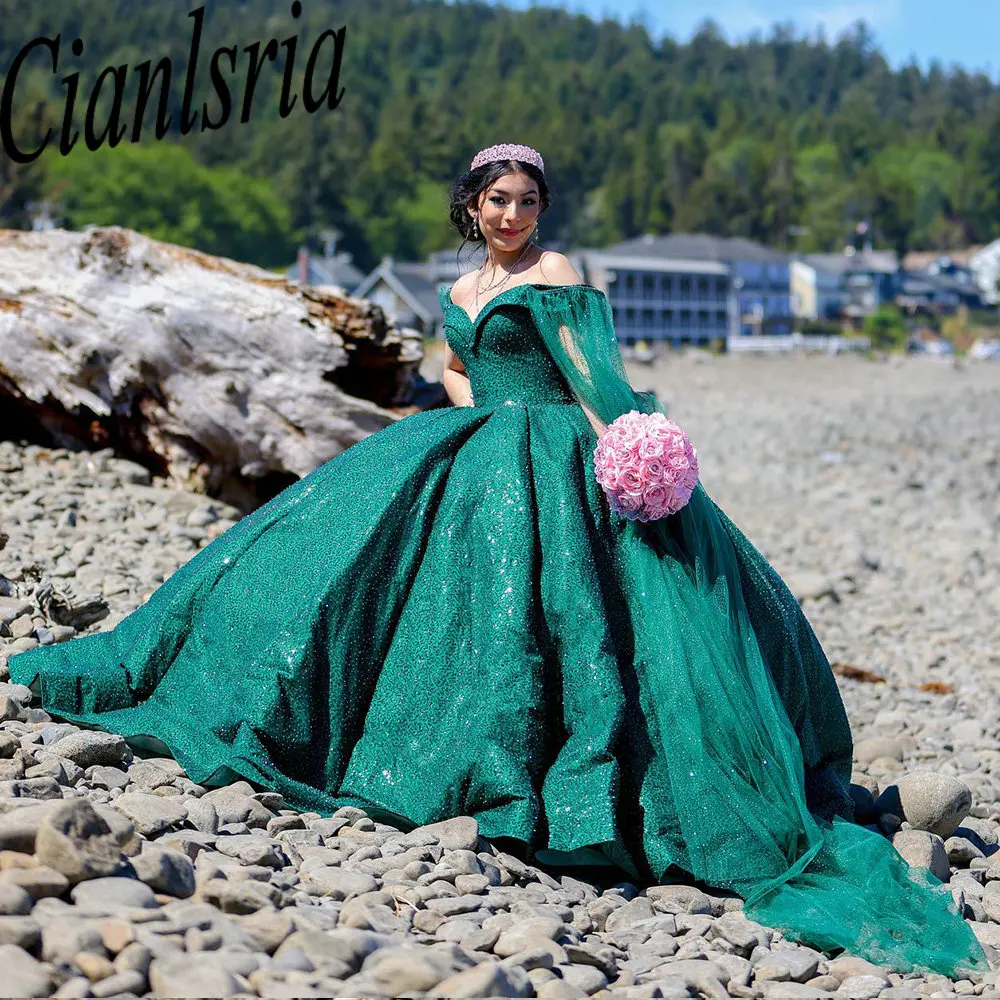 Emerald Green Glitter Pearls Crystal Ball Gown Quinceanera Dresses With Cape Off The Shoulder Sweet 15 Birthday