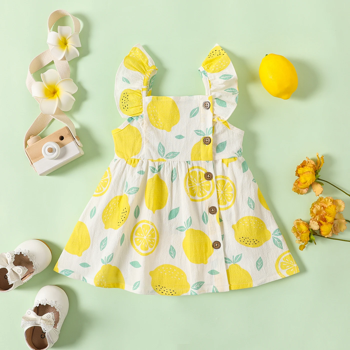 PatPat 1pc Baby Girl Plaid&Lemon&Fruit Sweet Dress