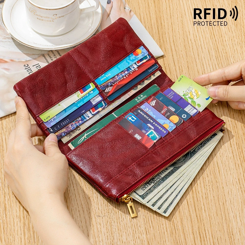 2026 New Ladies Long Wallet Top Layer Cowhide Retro Clutch Large Capacity Multi-Slot Card Holder Handbag