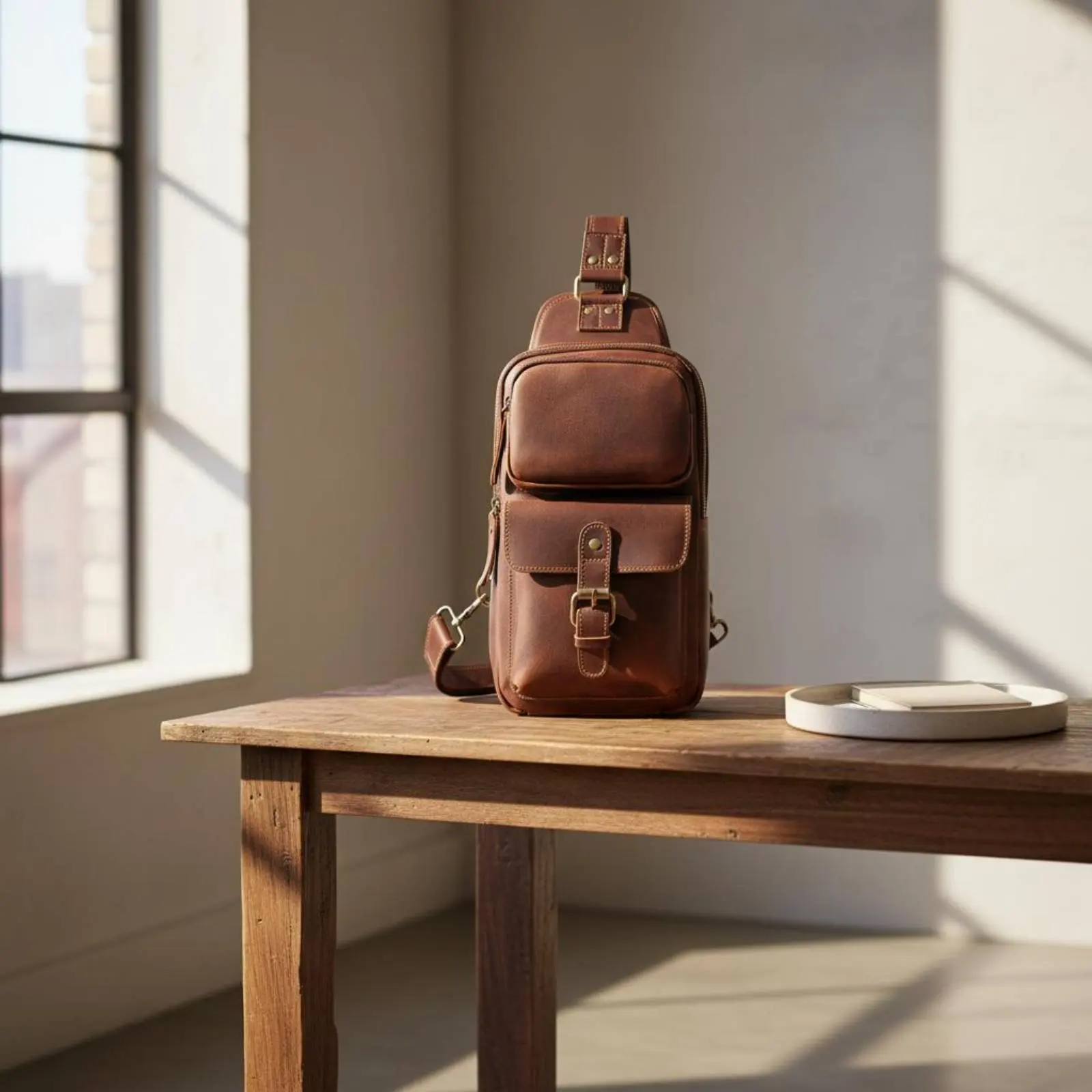 

Leather Chest Bag Long-Lasting Vintage Crossbody Bag Compact Size Multiple Pockets for Daily Commute