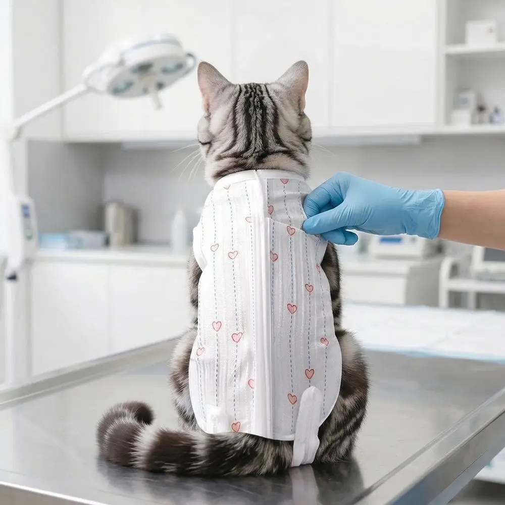 

Soft Material Cat Recovery Clothes Adjustable Heart Print Cat Protective Vest Wound Protection Anti Scratching Weaning Jumpsuit