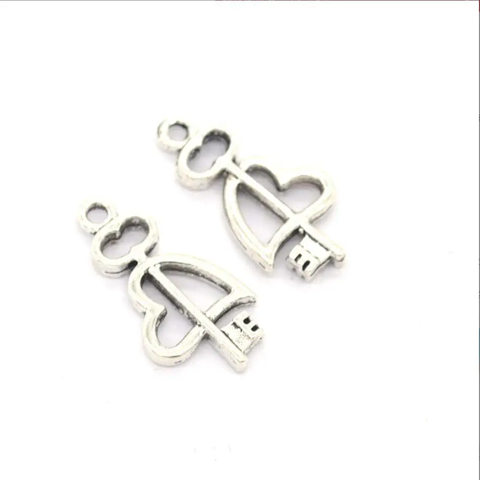 10pcs 24*12mm Two Color Heart Key Charms Hollow Pendants Handmade Vintage For DIY Jewelry Making Findings F0580