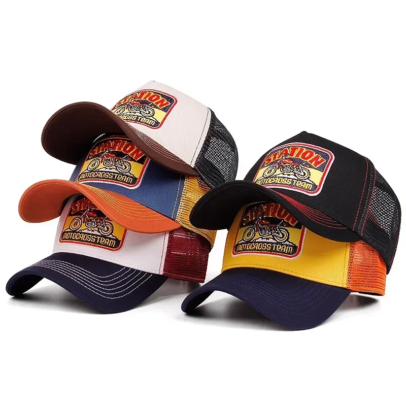 

Retro Bullhead Motorcycle Baseball Cap - Breathable Mesh Trucker Hat, Color Block Design for Outdoor