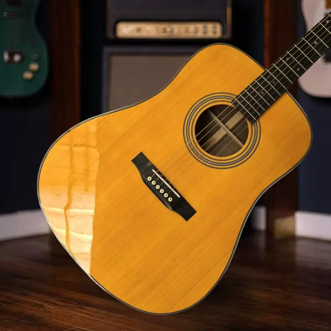 شحن مجاني حار بيع D28 سلسلة الغيتار الصوتية الدافئة الأصفر Picea Asperata الجسم الأبنوس الأصابع قمة صلب سولو للجنسين