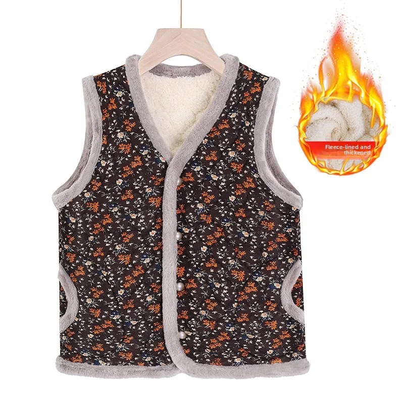 

Теплый жилет на флисовой подкладке для пожилых женщин, верхняя одежда на осень-зиму, из смесового хлопка, утолщенный, с V-образным вырезом, с цветочным узором