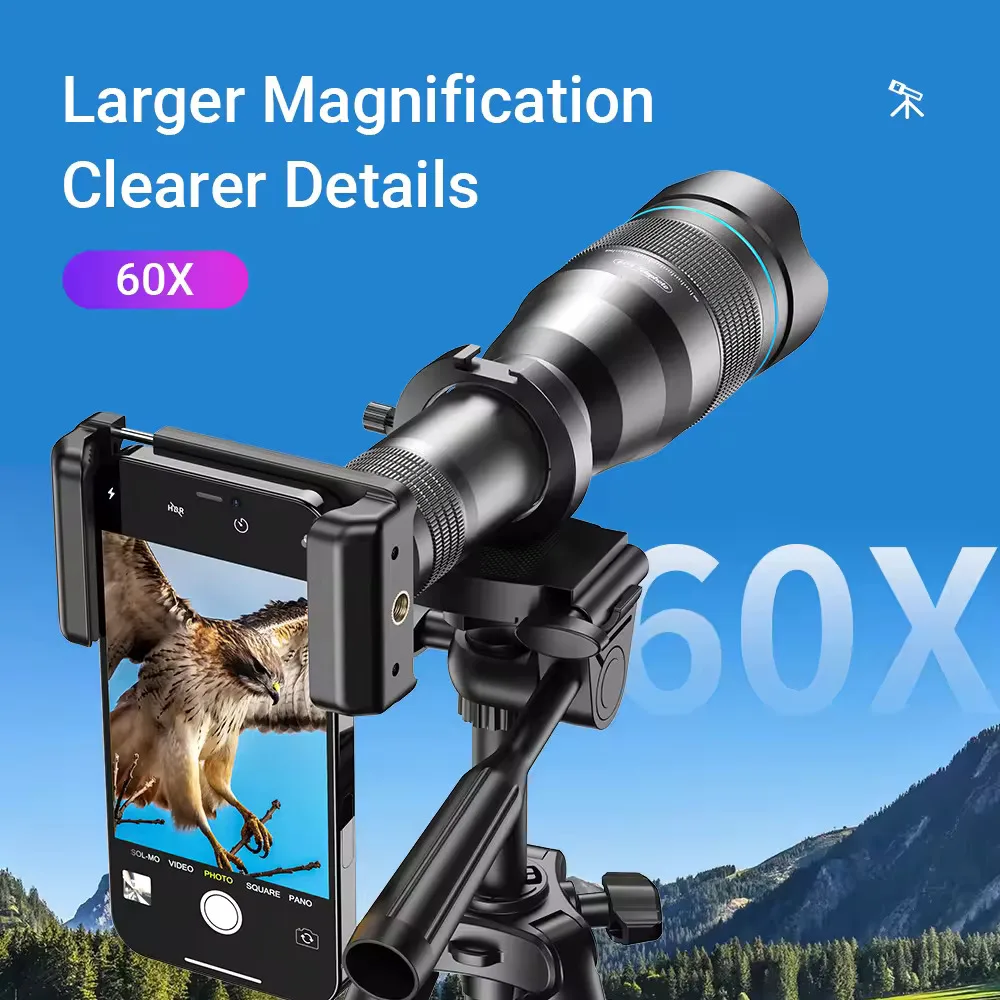 60x mobile telephoto lens for distant viewing of the moon and concerts, TikTok live broadcast telescope, outdoor photography, hu