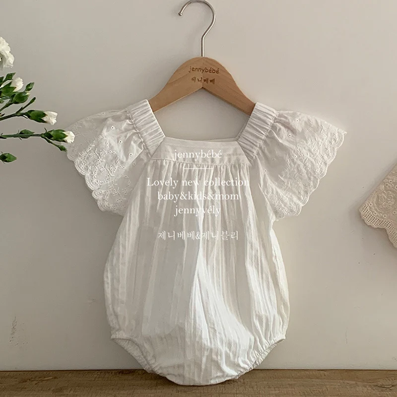 2024 New Summer 0-24M Baby Clothing Infant Baby Girls Bodysuits Flying Sleeve Cotton Solid Color Toddler Baby Girls Jumpsuit