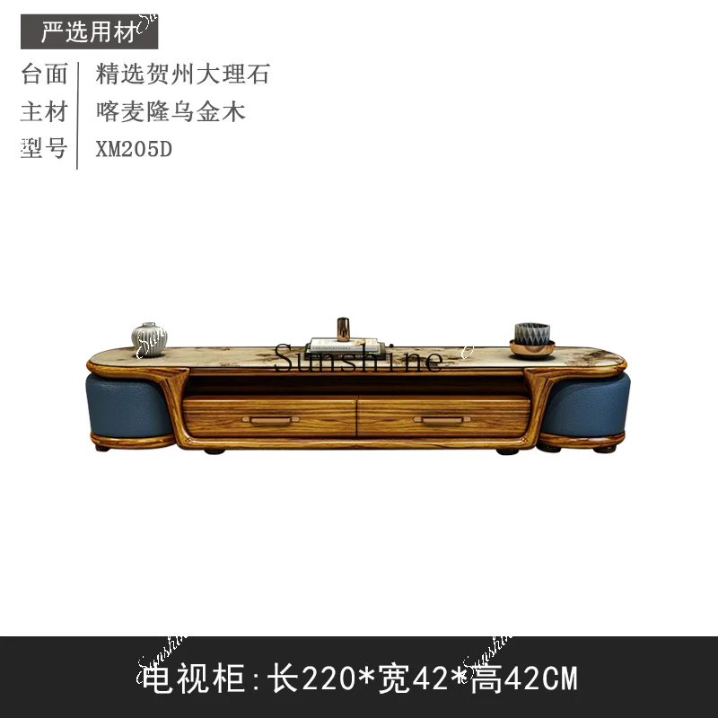 Ebony coffee table TV cabinet combination marble countertop household living room new Chinese rectangular with stool  FT