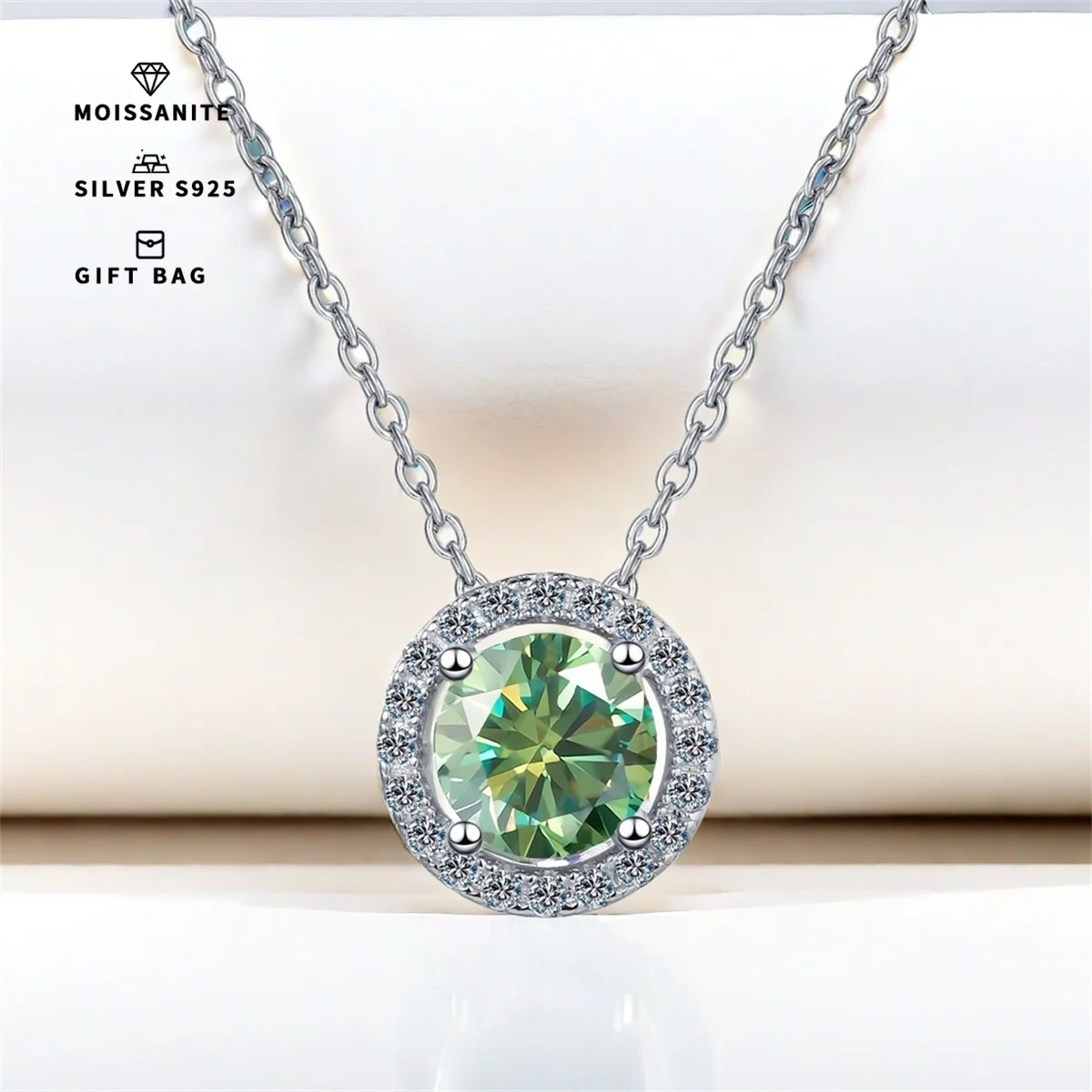 S925 silver plated platinum 0. 5ct/1ct/2CT Men's & Women's pendant inset round light green GRA moissanite chain luxury jewelry