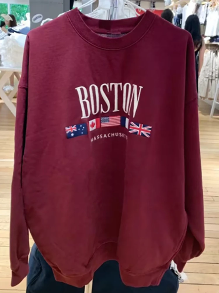 Casual Women Red Sweatshirts 2023 Fall Vintage O Neck Long Sleeves BOSTON And Flag Embroidery Sweaters Female Loose Pullovers