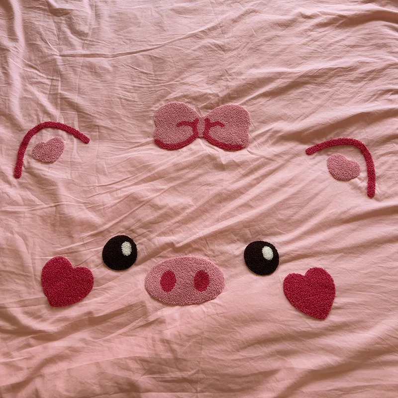 Cute Pig Bedding Set Embroidery No Filler Soft Ins Single Queen Size Duvet Cover Flat Sheet Pillowcase Girls Home Bed Linens
