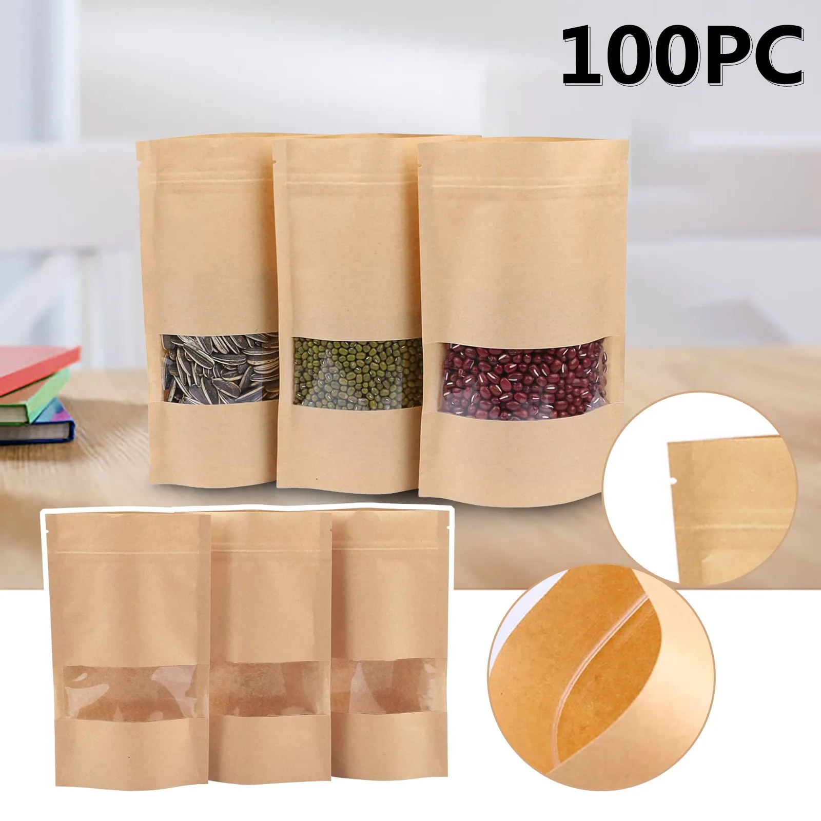 100Pcs Resealable bags, Stand Up Kraft Paper Bags with Matte Window, Zip Lock Food Storage Bags for Packaging Products, Reusable