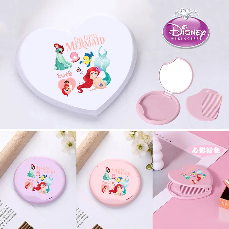 Espejo de maquillaje plegable redondo pequeño de princesa Ariel de Disney, bonito espejo de bolsillo de viaje de Anime, espejo de corazón para mujer con peine, regalo para niñas